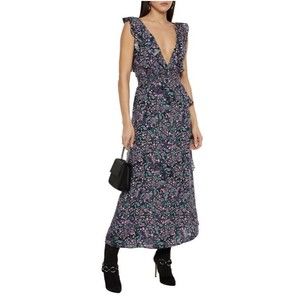 IRO Santu Ruffled Shirred Crepe De Chine Sleeveless Maxi Dress Black Pink 32